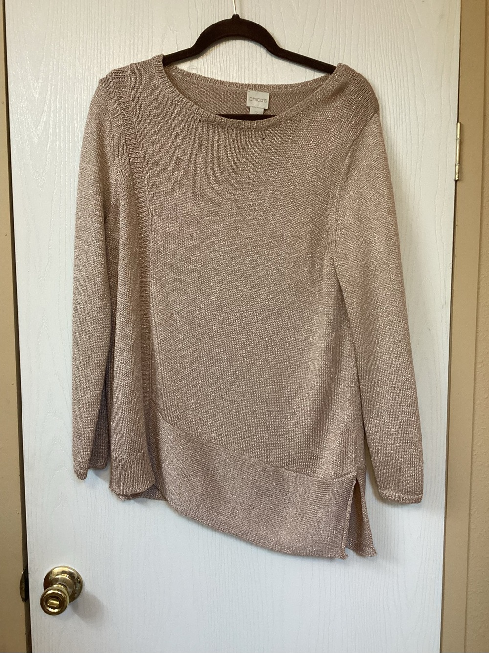 Chico's Metallic Blush-Tone Crewneck Sweater with Asymmetric Hem